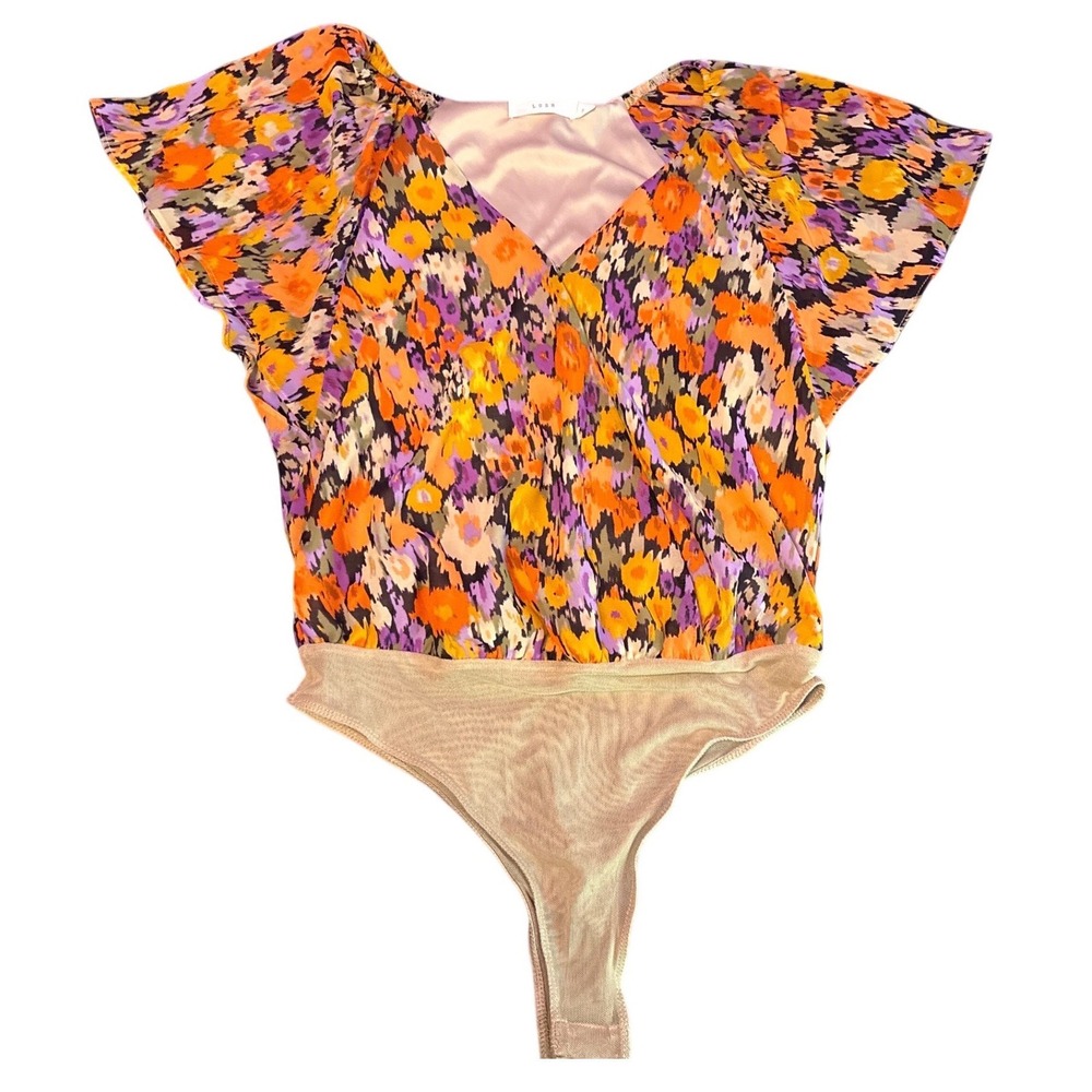 Lush Womens‎ Pink Blur Floral Flutter Sleeve Thong Bodysuit, Size S